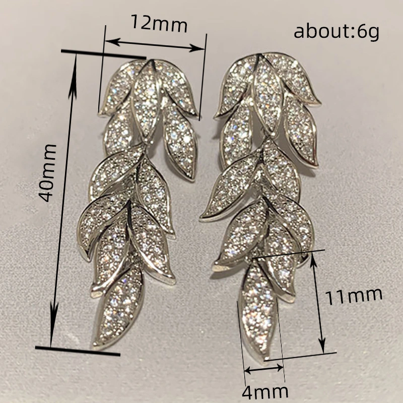 Micro-inlaid zircon shiny leaf earrings for women, exquisite temperament plant long earrings, popular in Europe and America