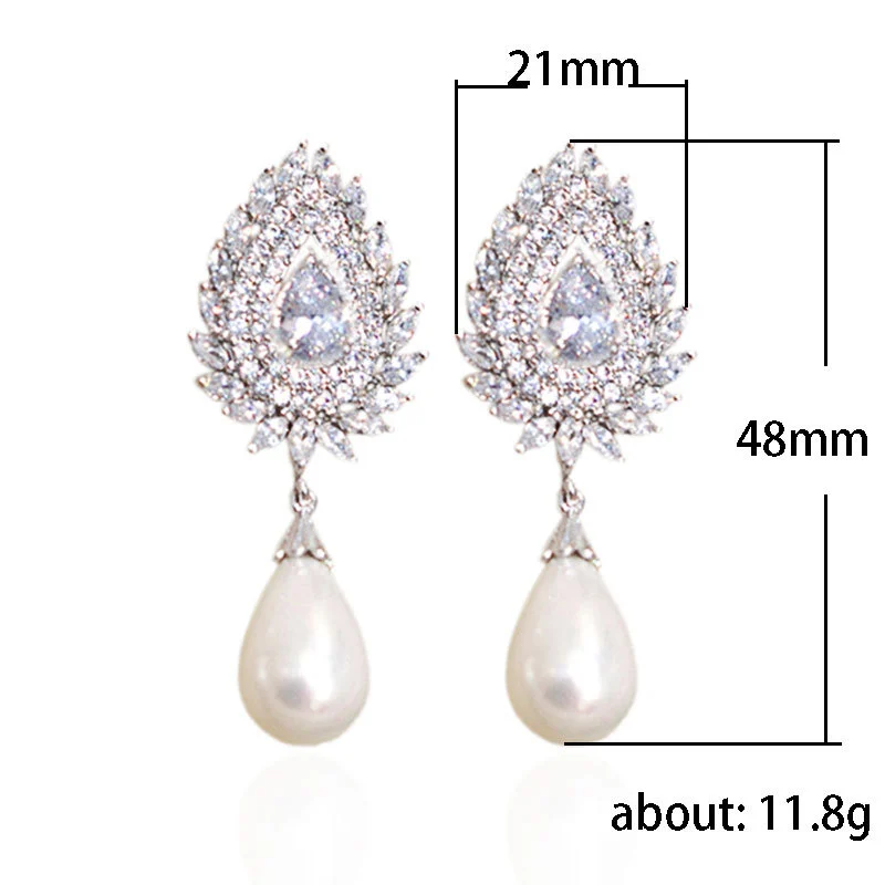 Light luxury celebrity style wedding earrings Seiko luxury full inlaid zircon earrings women imitation pearl bridal earrings