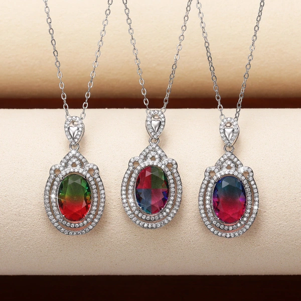 New retro super flash oval zircon pendant female European and American copper inlaid colored zircon necklace