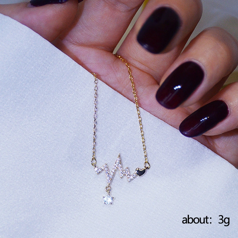 New Japanese and Korean jewelry, light luxury style, niche design, electrocardiogram necklace, diamond-studded wave heartbeat clavicle chain