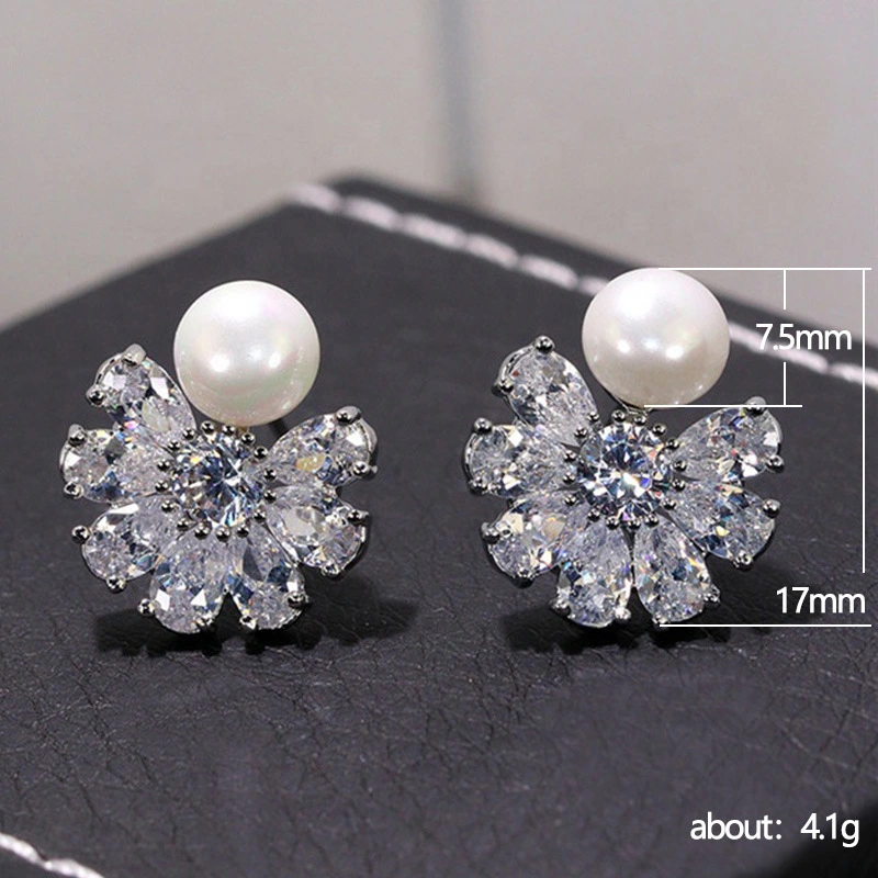 Korean style simple new earrings exquisite snowflake zircon imitation pearl earrings high-end lady temperament earrings