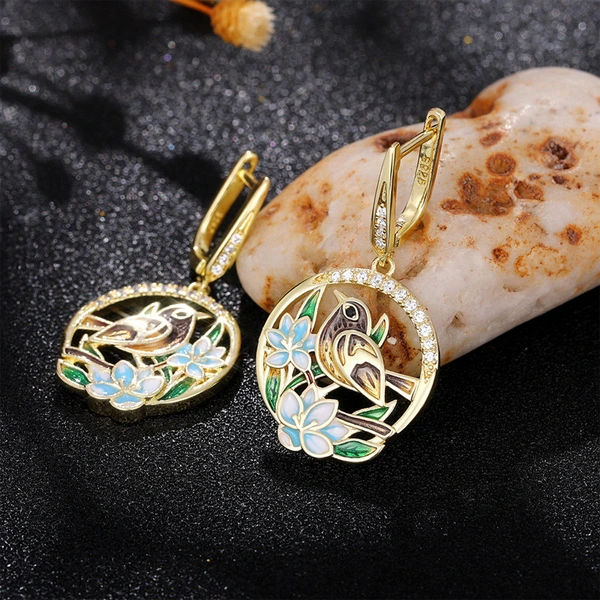 New style earrings with pastoral style, birdsong and flowers, epoxy earrings, handmade enamel earrings, manufacturers wholesale