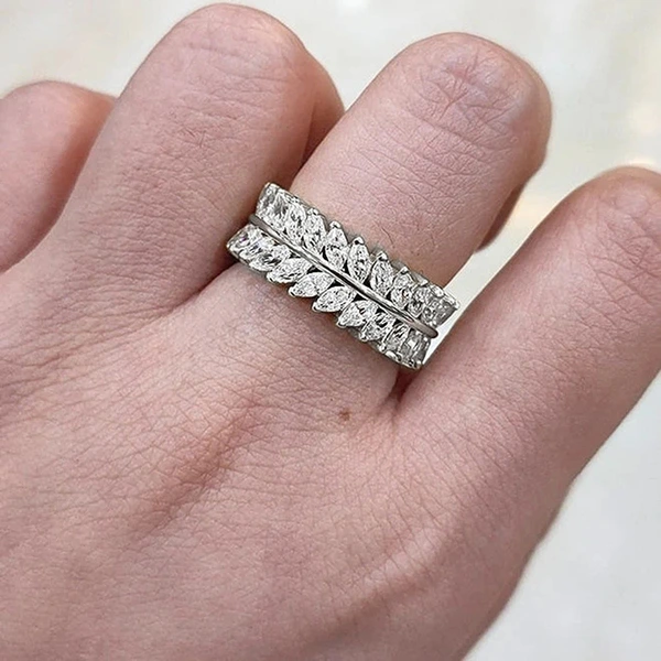 European and American hot-selling full-circle ring, luxurious and full-inlaid temperament willow leaf ring, exquisite and creative ring