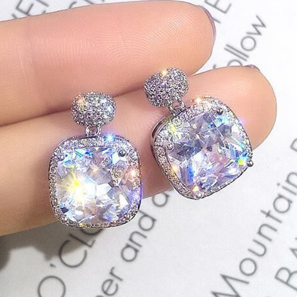 European and American new super flash square zircon short earrings versatile light luxury square retro earrings for women