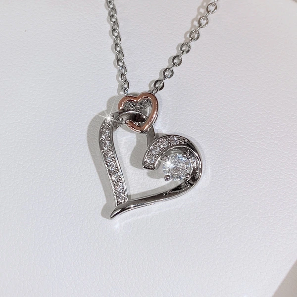 Jewelry Creative Hollow Double Heart Zircon Necklace Copper Plated Two-Color Fashion Heart-Shaped Pendant Women's Necklace