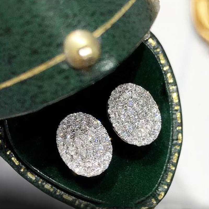 Micro-inlaid zircon light luxury style earrings female temperament lady geometric oval earrings popular earrings