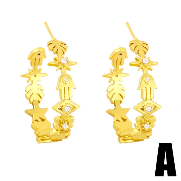 Clearance European and American creative micro-inlaid zircon C-shaped earrings eyes smile palm leaves splicing geometric earrings erx09
