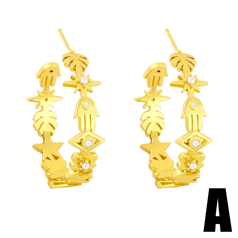 Clearance European and American creative micro-inlaid zircon C-shaped earrings eyes smile palm leaves splicing geometric earrings erx09