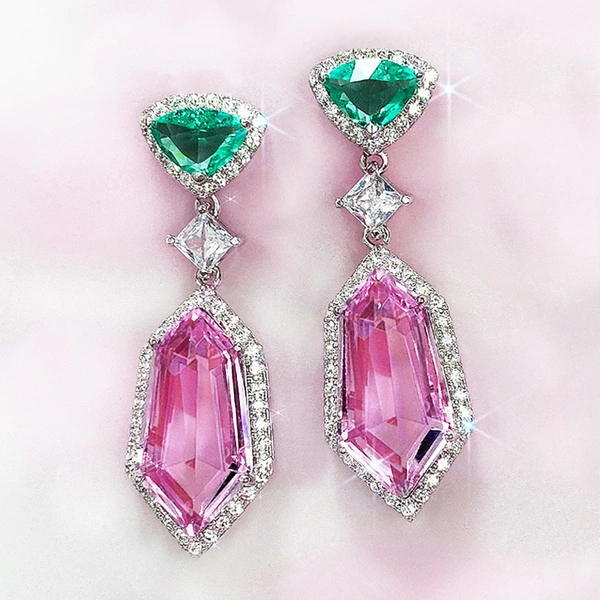 New 3A zircon pink element imitation crystal earrings simple temperament long women's earrings