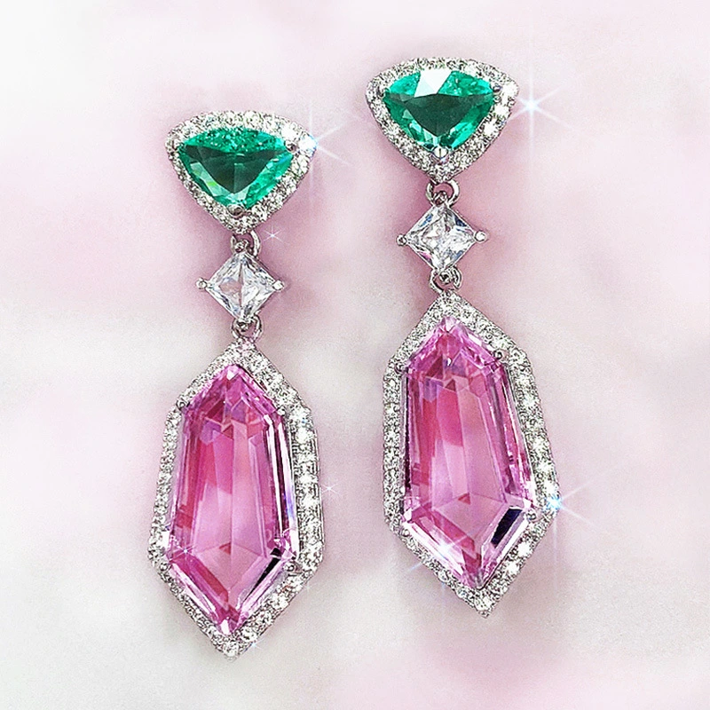New 3A zircon pink element imitation crystal earrings simple temperament long women's earrings