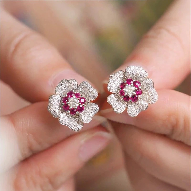 Niche high-end earrings unique French flower diamond-studded temperament trendy earrings popular earrings
