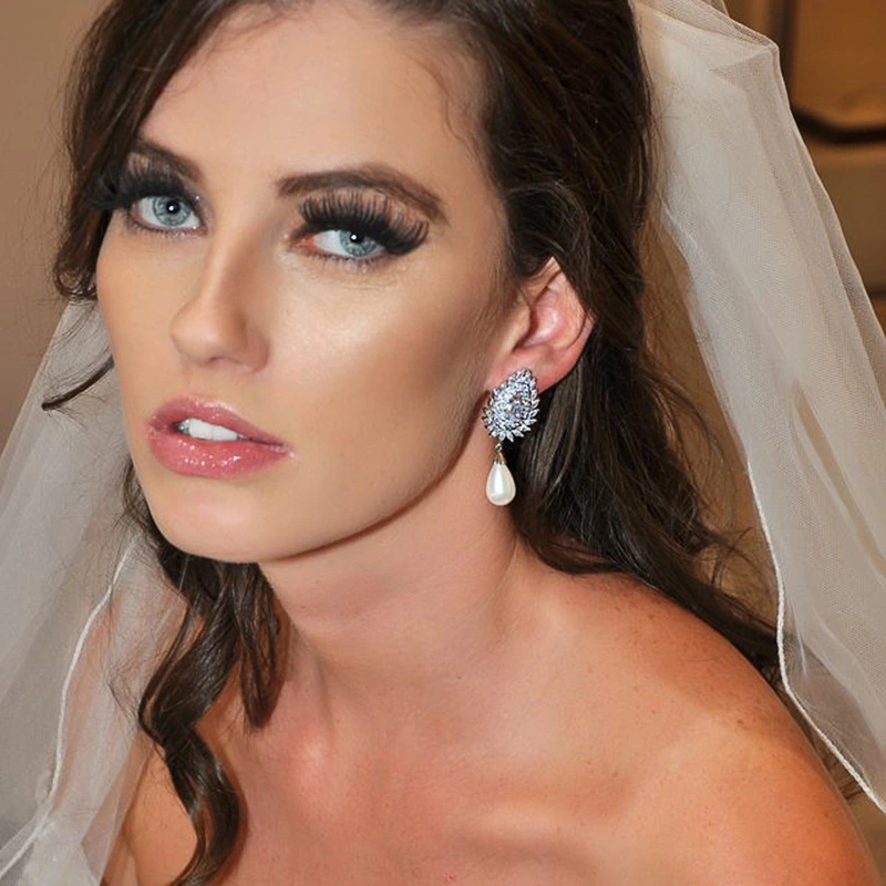 Light luxury celebrity style wedding earrings Seiko luxury full inlaid zircon earrings women imitation pearl bridal earrings