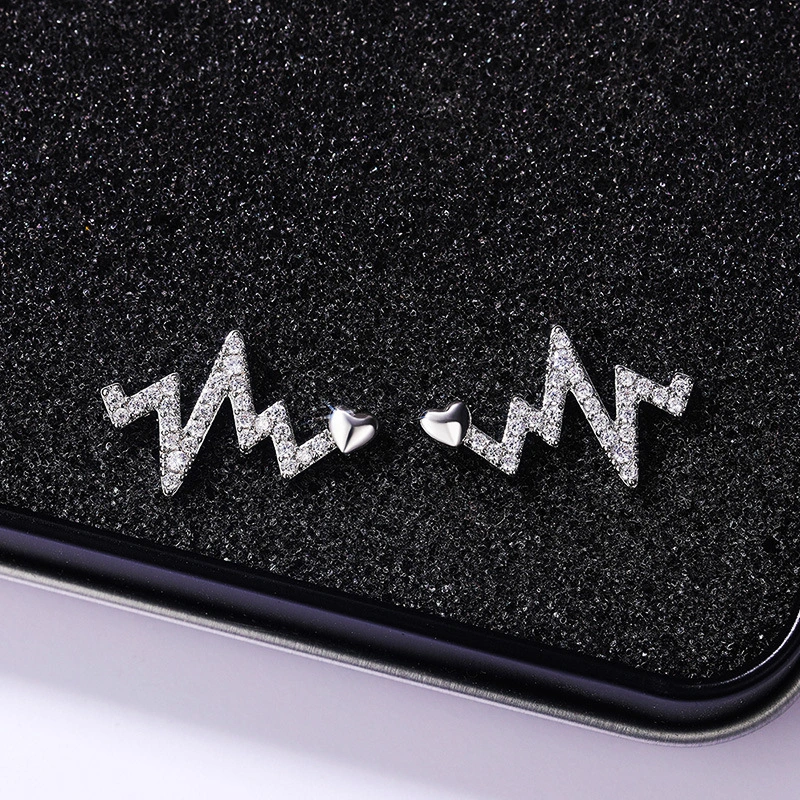 Creative electrocardiogram heartbeat earrings, new style inlaid zircon heartbeat earrings, simple and fashionable zircon lightning earrings
