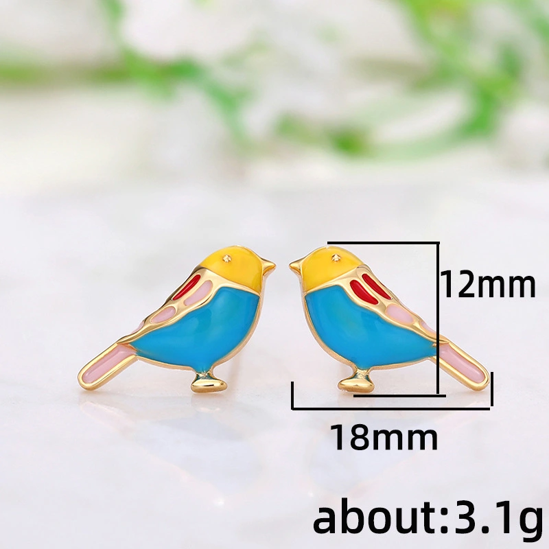 French oil drop gold-rimmed earrings with cute colorful birds, new small earrings, magazine style, hot style