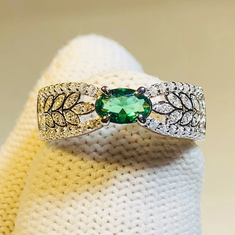 Hot emerald tourmaline ring wheat ear hollow ribbon female niche design small row diamond ring