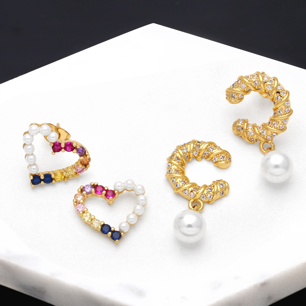 European and American temperament inlaid with colored diamonds and pearls love earrings simple and high-end Internet celebrity pearl earrings era151