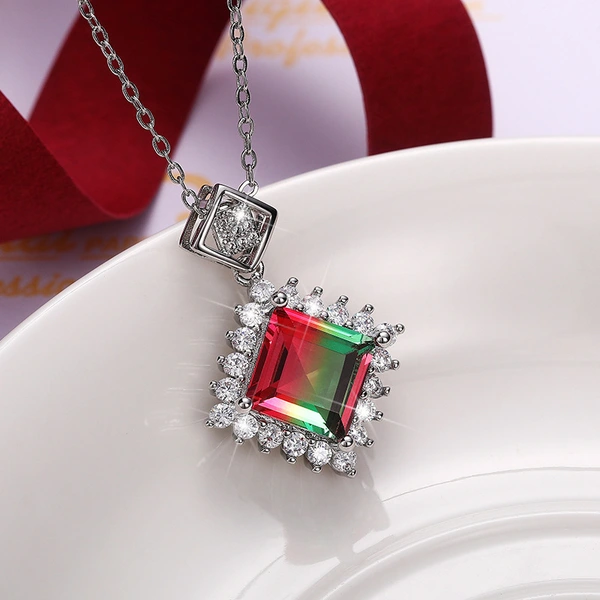New pendant luxury geometric diamond colored gemstone necklace simulation tourmaline colored zircon clavicle chain