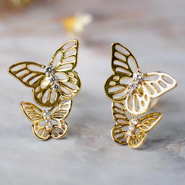 Fashion youth hollow butterfly earrings electroplated copper inlaid zircon student youth girls ear jewelry