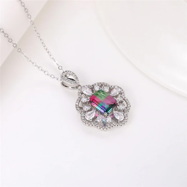 New exquisite hollow flower colored gemstone necklace luxury women's zircon pendant O chain