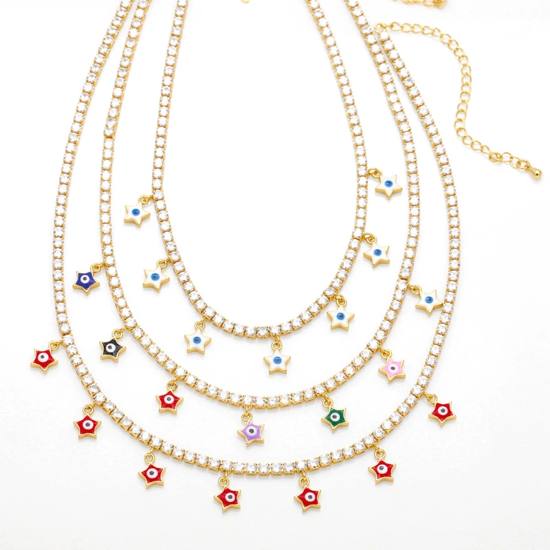 Clearance sale European and American zircon necklace women's tennis chain five-pointed star devil's eye pendant sweet cool style clavicle chain nkb042