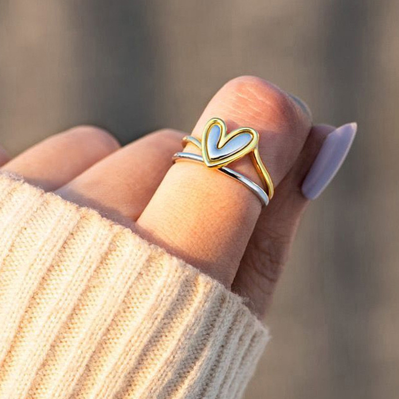  Gentle gold-rimmed two-tone love ring, peach heart-shaped design, single ring for women, sweet, exquisite and fashionable ring