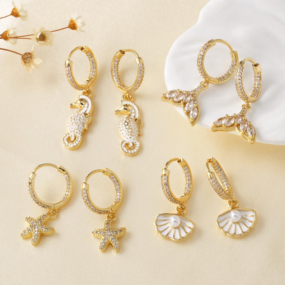 AS jewelry European and American full zircon ocean style seahorse shell earrings earrings female era116 earrings