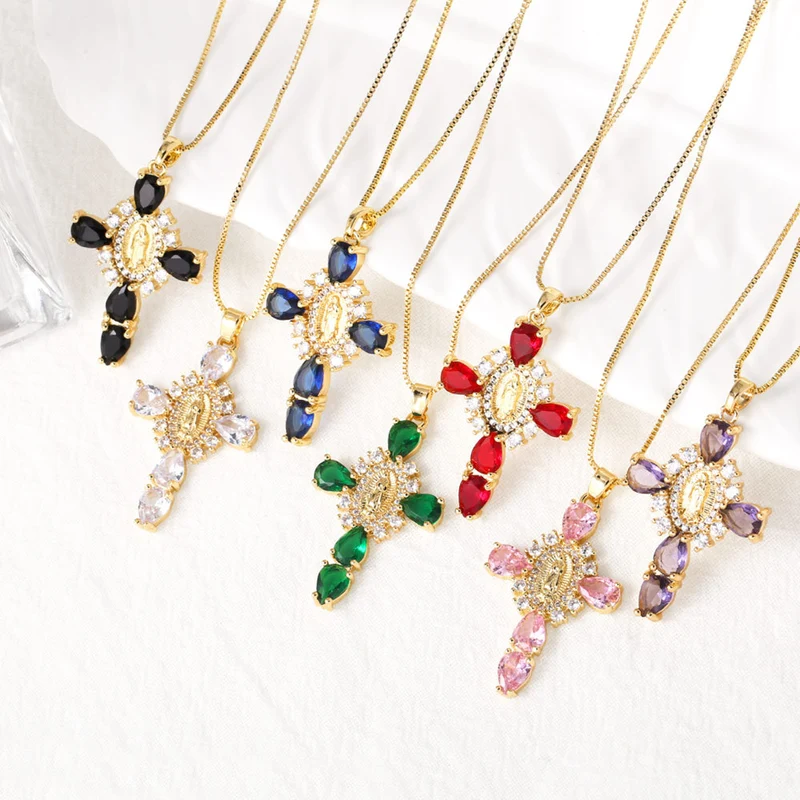 AS jewelry European and American Virgin Mary cross pendant men and women's color zircon necklace nkb462