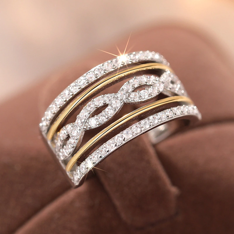   European and American style exquisite two-tone ring for princesses with micro-inlaid zircon jewelry, high-end line ring