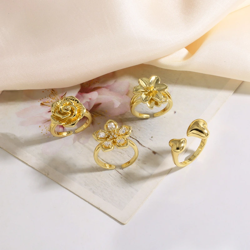 AS jewelry European and American new smooth copper plated 18k gold rose flower open ring female riq89 ring