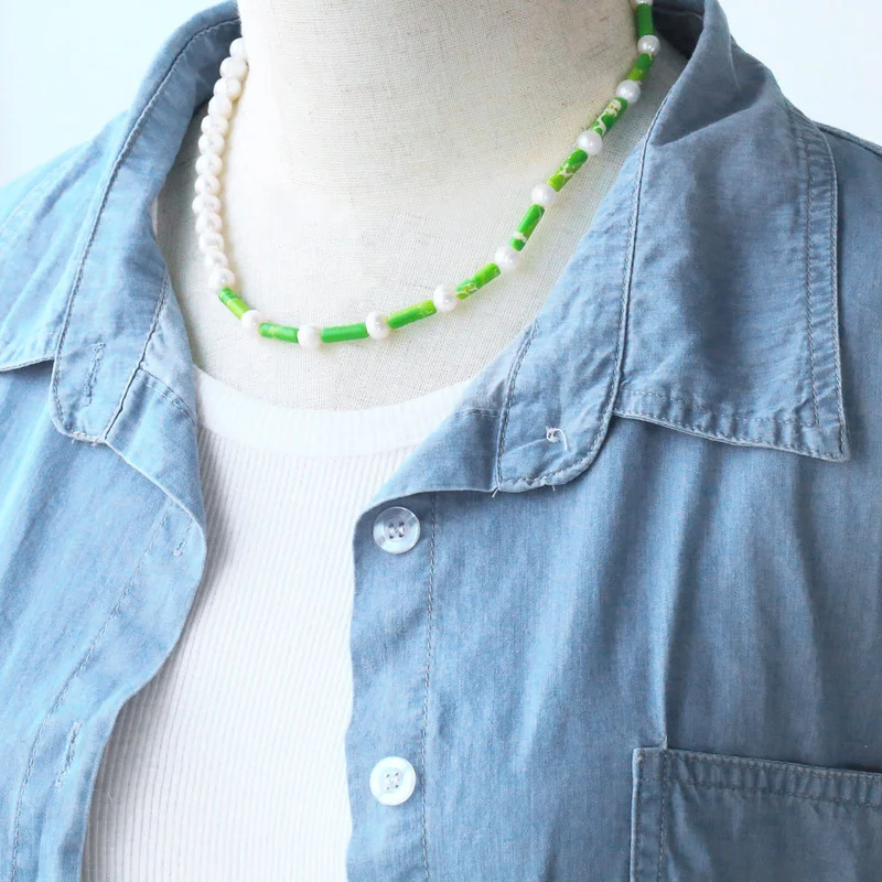 Clearance 2023 European and American green splicing pearl necklace Internet celebrity trend fashion temperament clavicle chain necklace nkb469