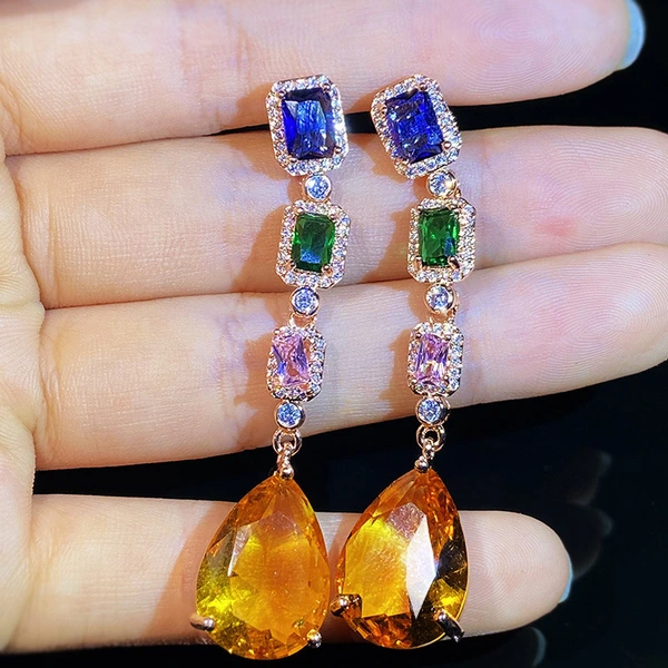 Dreamy zircon colored gemstone long earrings retro street fashion items Baroque court earrings