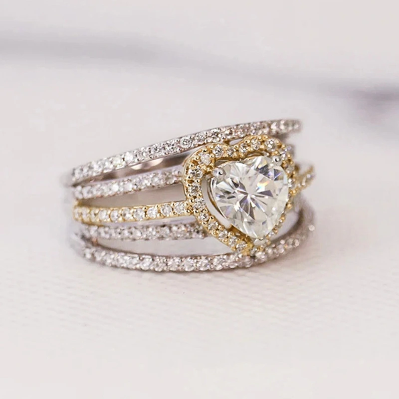  European and American high-end niche heart-shaped ring light luxury heavy heart-shaped multi-layer ring line two-color ring