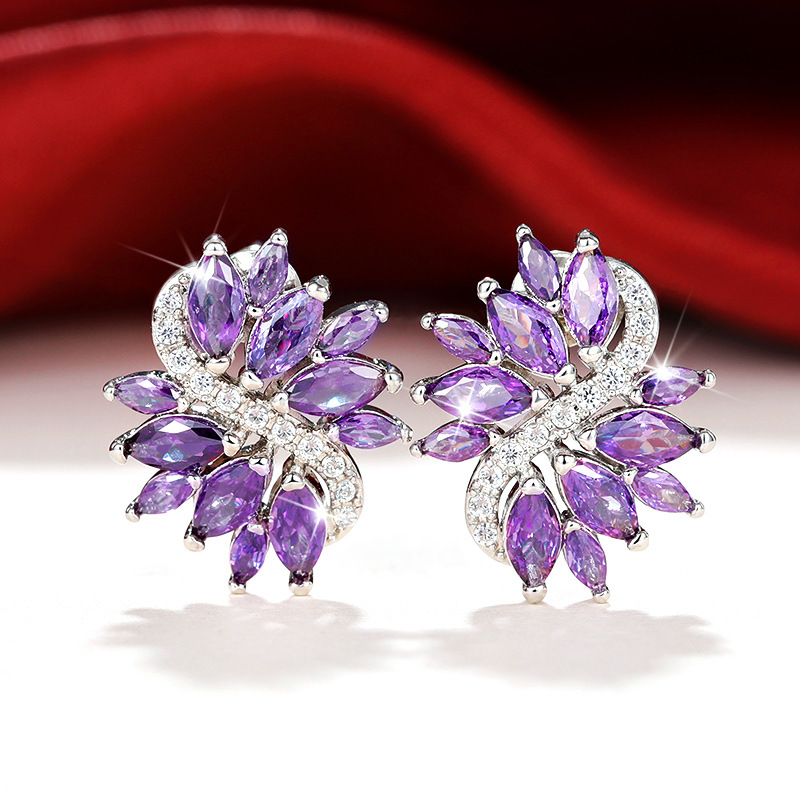 European and American luxury zircon earrings purple flower series Korean accessories earrings retro temperament mysterious