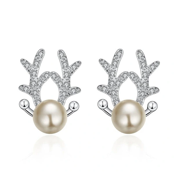  Elk antler Christmas earrings for women, sweet and exquisite princess holiday accessories, imitation pearl zircon jewelry