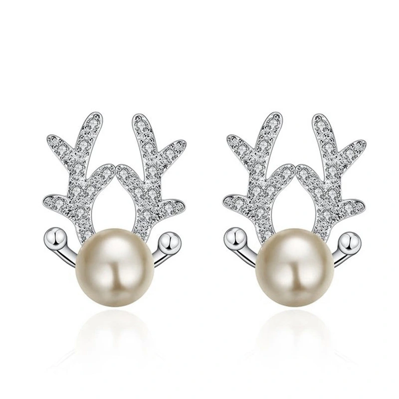  Elk antler Christmas earrings for women, sweet and exquisite princess holiday accessories, imitation pearl zircon jewelry