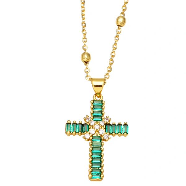 European and American jewelry style fashion micro-inlaid colored zircon geometric cross pendant necklace for women nkb412