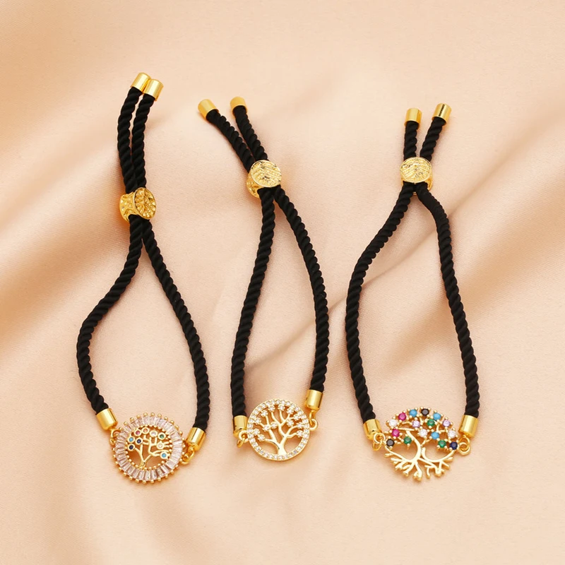 European and American fashion black rope bracelet men and women niche high-end tree of life inlaid zircon hand jewelry brm55