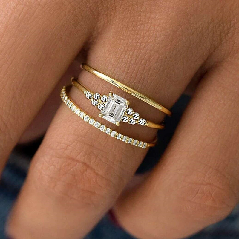  Japanese and Korean e-commerce light luxury style ring three-piece set high-end geometric ring female engagement wedding matching style