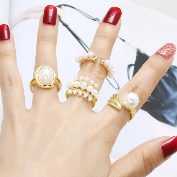 AS jewelry European and American copper plated 18k gold inlaid zircon pearl irregular open ring ring female riq53