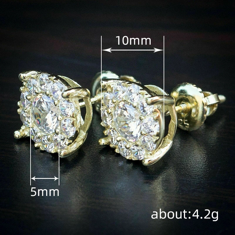 Fully inlaid zircon earrings popular hip-hop four-claw round earrings simple commuting all-match female earrings