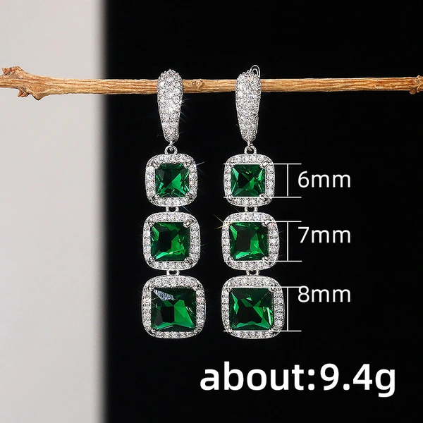 European and American shiny square zircon earrings for women, light luxury high-end zircon colored gemstone long earrings, factory direct sales