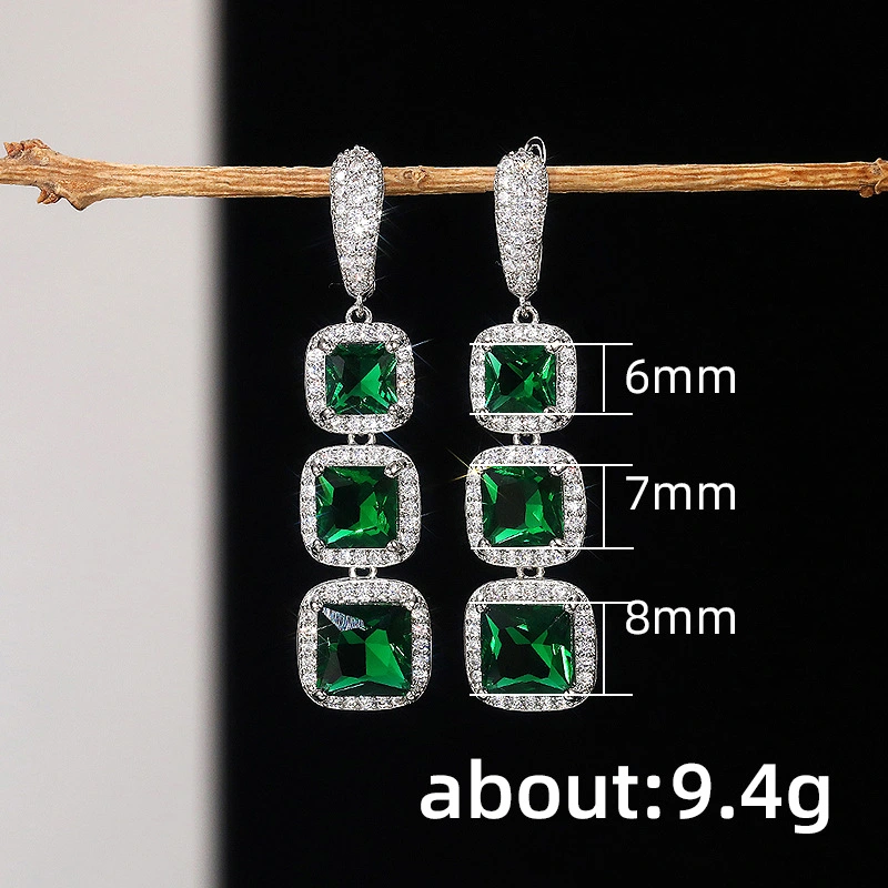 European and American shiny square zircon earrings for women, light luxury high-end zircon colored gemstone long earrings, factory direct sales
