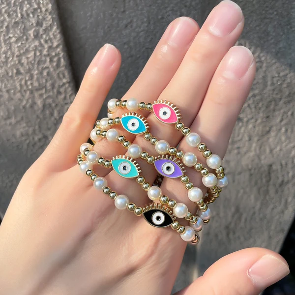 Clearance gold pearl beaded woven devil eye bracelet oil drip eye bracelet bre81