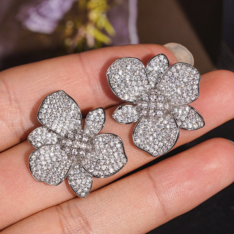 Glossy luxury floral earrings for women with micro-diamond lily flower jewelry, exaggerated dress fashionable accessories