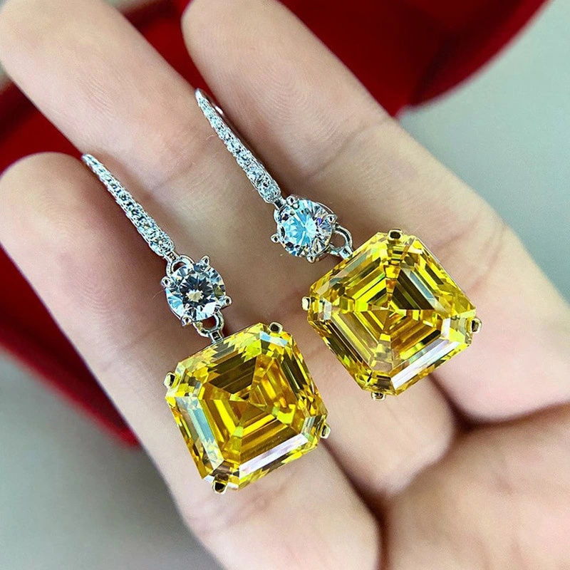 New European and American luxury ice flower yellow diamond earrings fashionable temperament versatile micro-inlaid zircon ear hooks