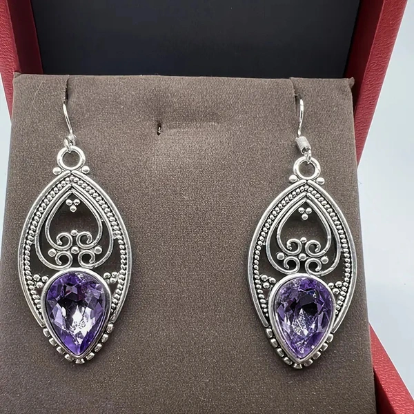 Retro alloy hollow purple earrings personality teardrop-shaped pendant ear hook floral design earrings