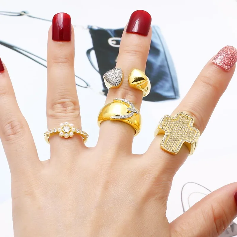 AS jewelry European and American new diamond cross open ring female gold-plated pearl flower ring rih86
