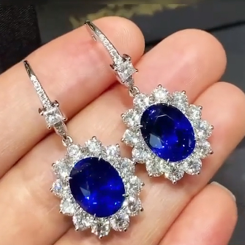 European and American exotic retro colored gemstone earrings simulated sapphire flower-shaped earrings individually packaged