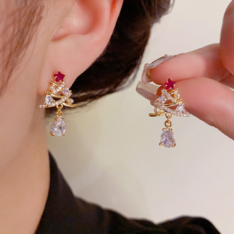  European and Korean light luxury exquisite earrings for women inlaid with zircon Christmas tree earrings fashionable Christmas trend hot items