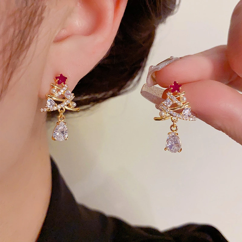  European and Korean light luxury exquisite earrings for women inlaid with zircon Christmas tree earrings fashionable Christmas trend hot items
